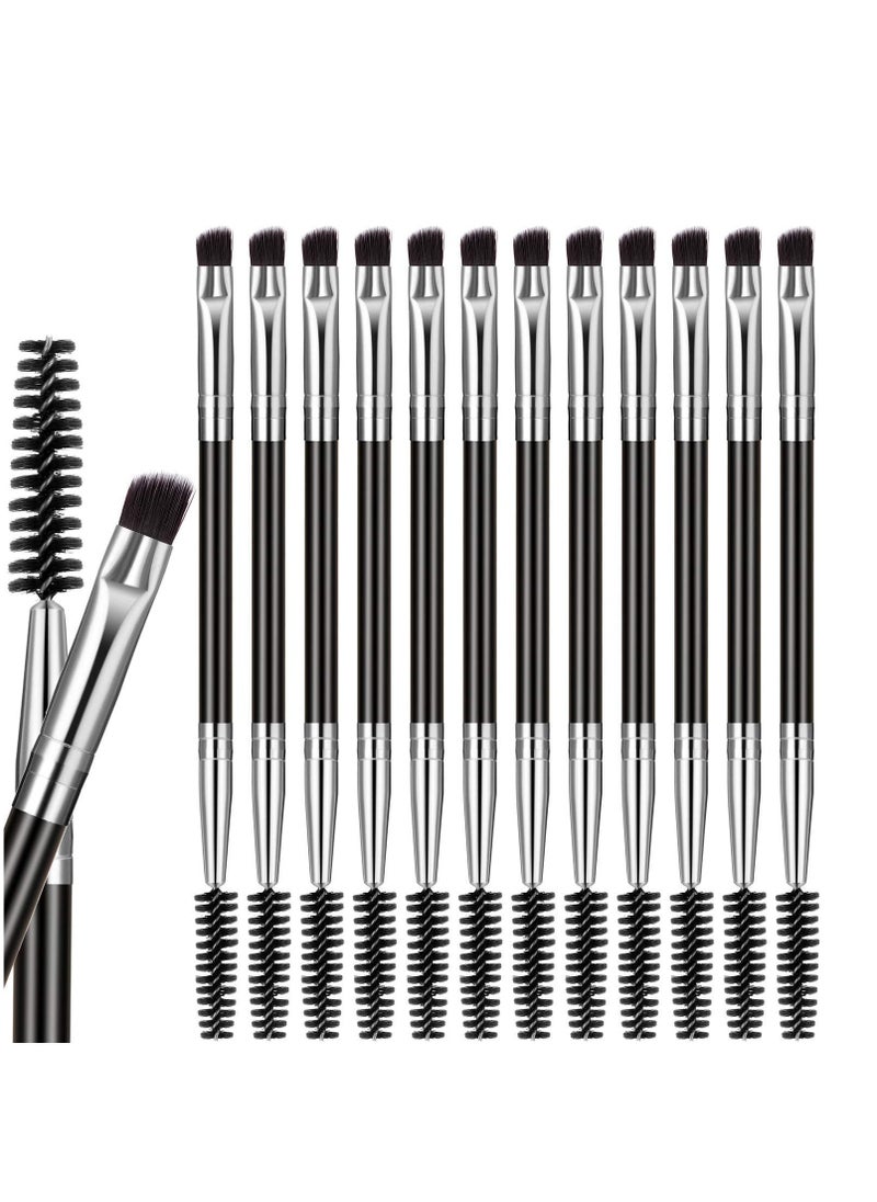 12 Packs Duo Eyebrow Brush, Spoolie Brush and Angled Brow Brush, Multi-functional Mini Eyelash Brush for Tinting Angled Eyebrow, Suitable for Cream Gel (Silver)