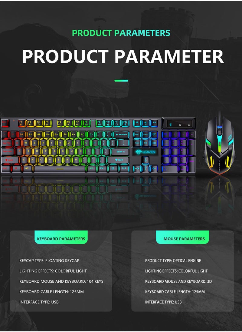 104-Key Membrane Keyboard - Wired Keyboard and Wired Mouse Set - Gaming Keyboard and Office Keyboard - RGB Light - Computer Keyboard