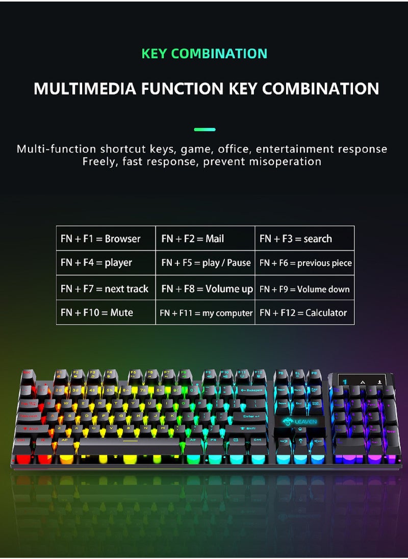 104-Key Membrane Keyboard - Wired Keyboard and Wired Mouse Set - Gaming Keyboard and Office Keyboard - RGB Light - Computer Keyboard