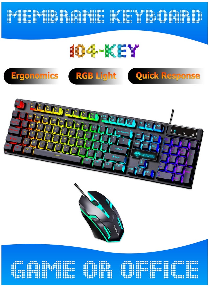 104-Key Membrane Keyboard - Wired Keyboard and Wired Mouse Set - Gaming Keyboard and Office Keyboard - RGB Light - Computer Keyboard