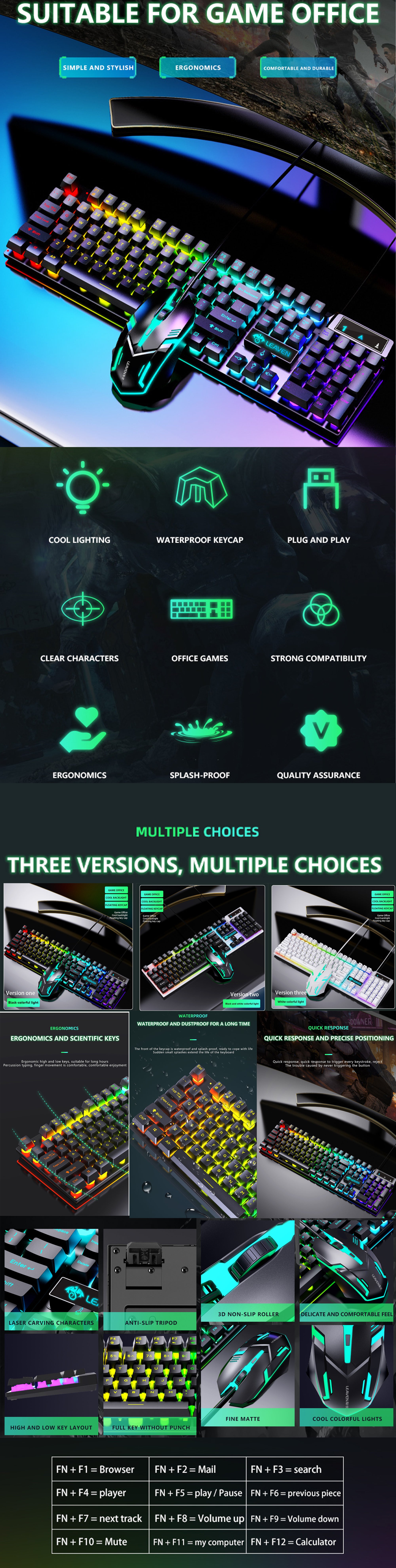 104-Key Membrane Keyboard - Wired Keyboard and Wired Mouse Set - Gaming Keyboard and Office Keyboard - RGB Light - Computer Keyboard