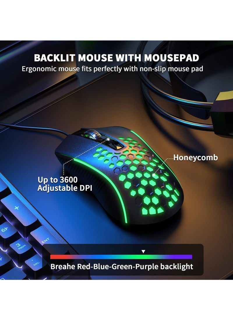 4 in 1 Gaming Keyboard Mouse Headset and Mousepad Combo, Rainbow LED Backlit Gaming Keyboard Mouse Set, USB Wired Bundle for PC Computer Laptop Gamer