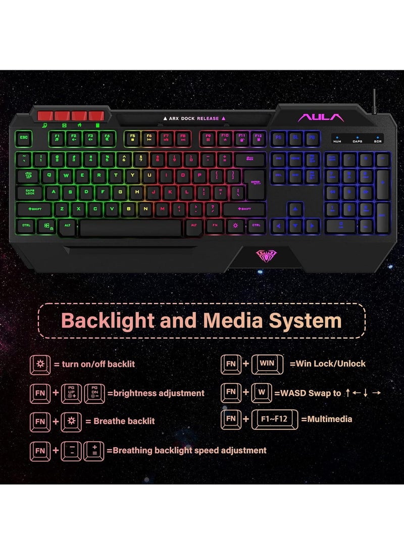 4 in 1 Gaming Keyboard Mouse Headset and Mousepad Combo, Rainbow LED Backlit Gaming Keyboard Mouse Set, USB Wired Bundle for PC Computer Laptop Gamer