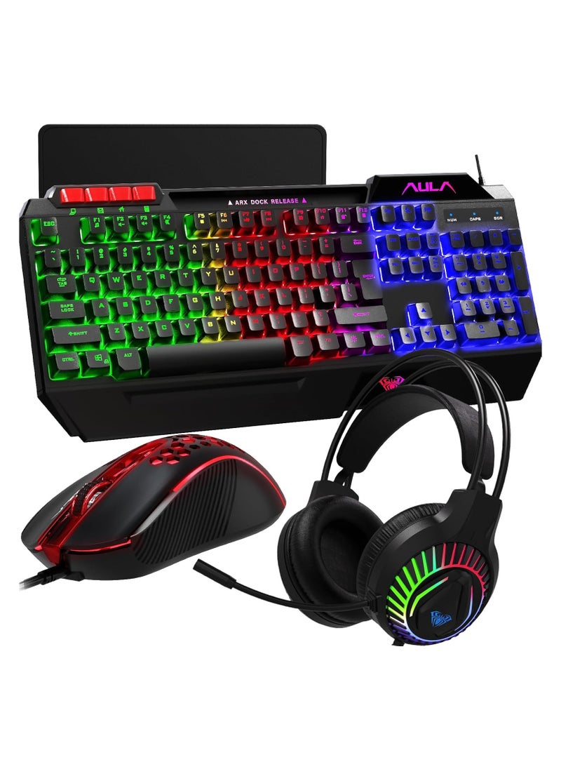 4 in 1 Gaming Keyboard Mouse Headset and Mousepad Combo, Rainbow LED Backlit Gaming Keyboard Mouse Set, USB Wired Bundle for PC Computer Laptop Gamer