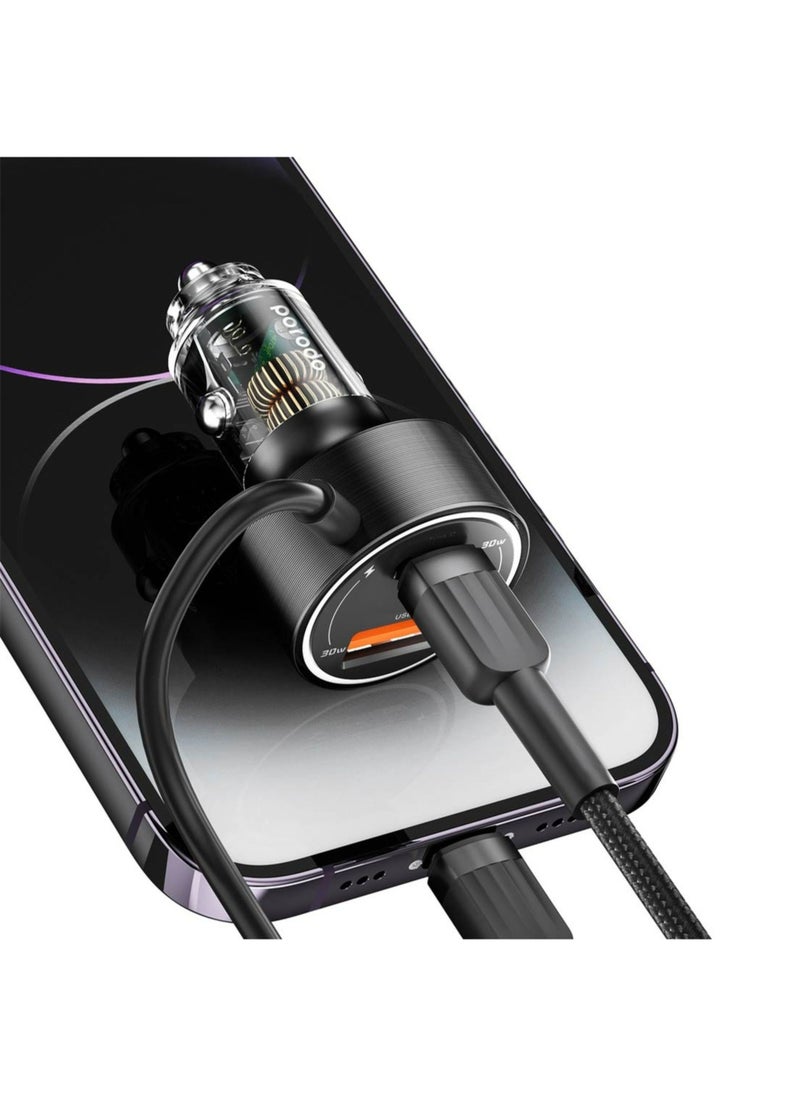 60W Transparent Dual Port Car Charger PD 30W QC 18W with Coil- Black