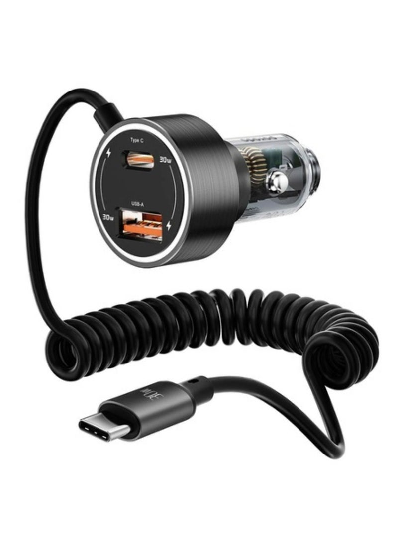 60W Transparent Dual Port Car Charger PD 30W QC 18W with Coil- Black