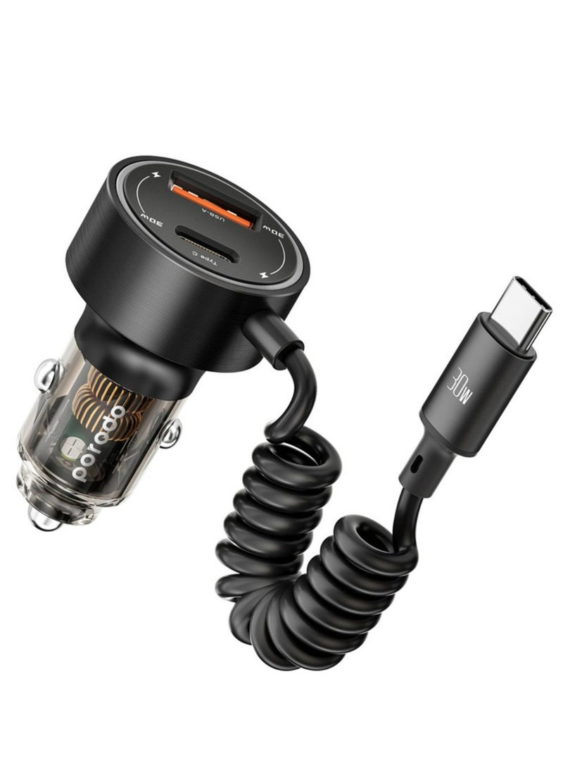 60W Transparent Dual Port Car Charger PD 30W QC 18W with Coil- Black