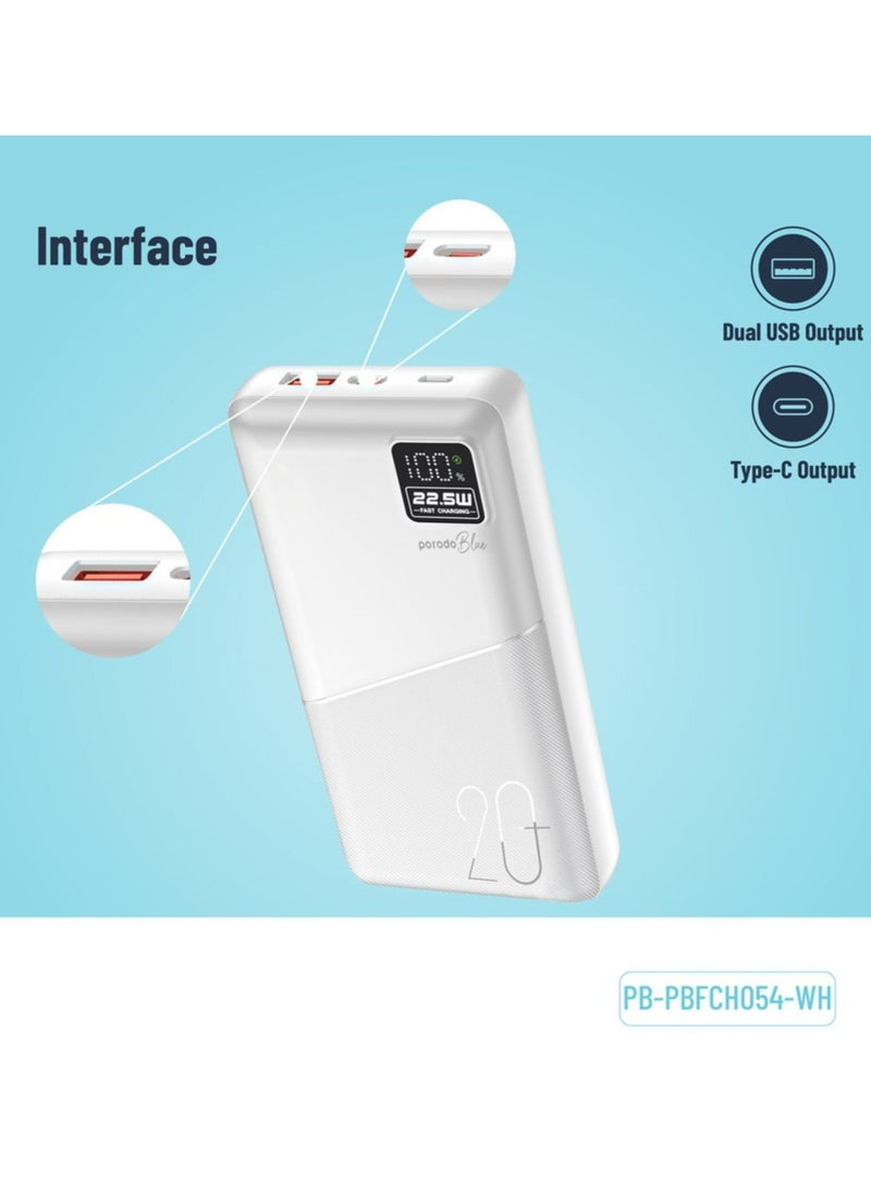 20000mAh Powerbank Type-C, USB A and Micro with Digital Display White