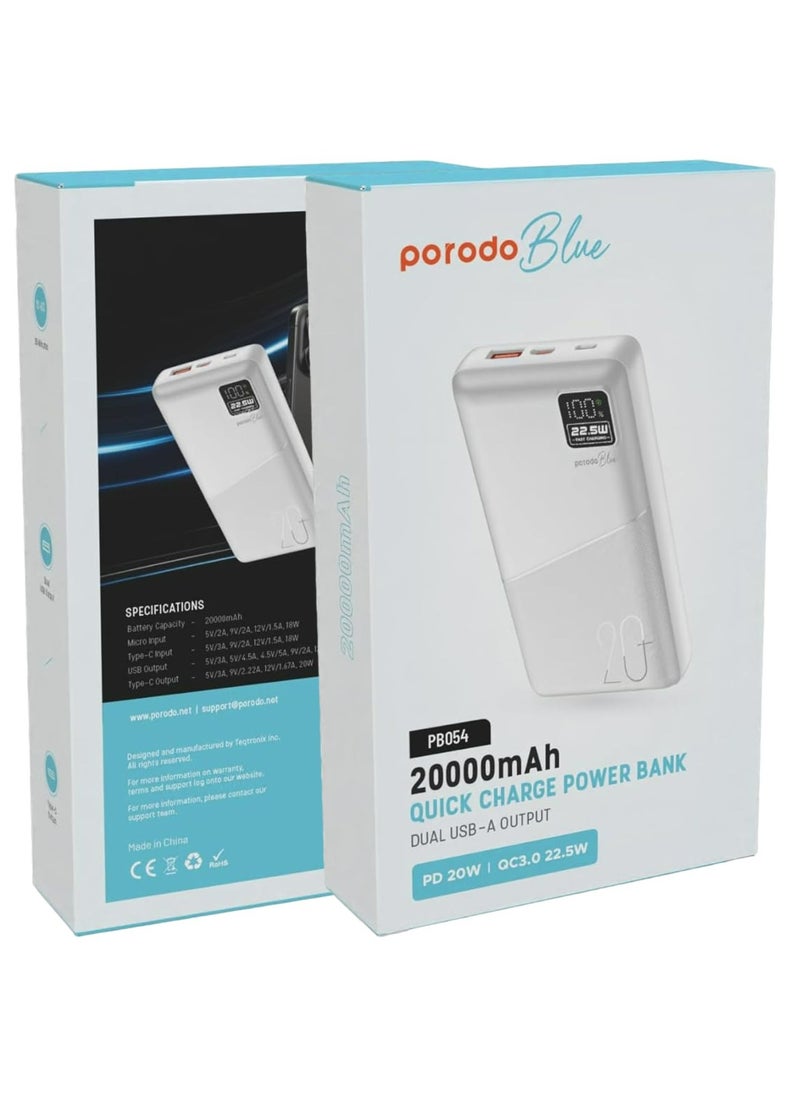 20000mAh Powerbank Type-C, USB A and Micro with Digital Display White