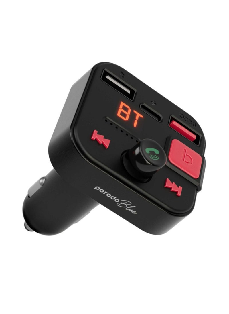 Blue Wireless FM Transmitter with Dual QC3.0 & Type-C Port, Quality Mic, Bass Boost, Lightweight & Compact, Micro SD Slot 64GB, Hands-Free Call, Stream Music, Travel Friendly - Black