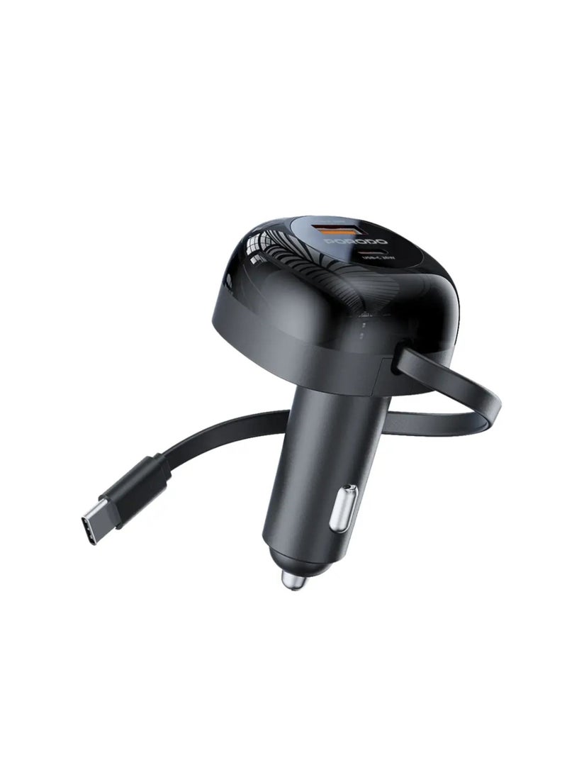 Retractable Car Charger with Collapsible Type C Cables - Black