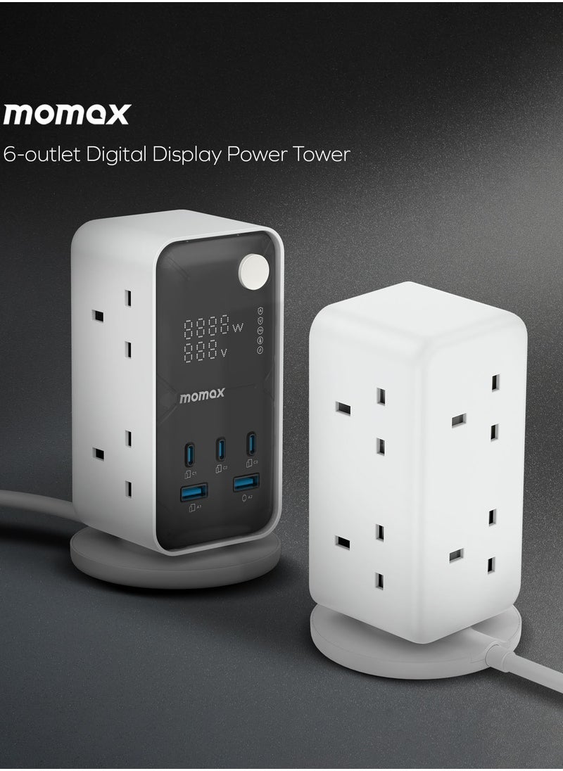 1-Charge Work Flow 6-Outlet GaN Power Tower With Digital Display & 35W USB Output - White