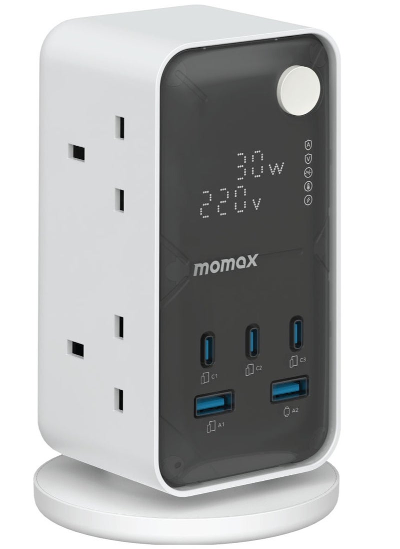 1-Charge Work Flow 6-Outlet GaN Power Tower With Digital Display & 35W USB Output - White