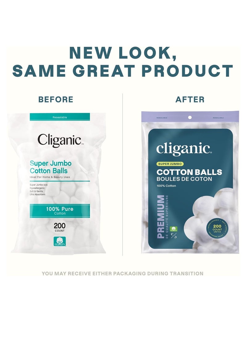 Cliganic Super Jumbo Cotton Balls (200 Count) - Hypoallergenic, Absorbent, Large Size, 100% Pure (Packaging May Vary)