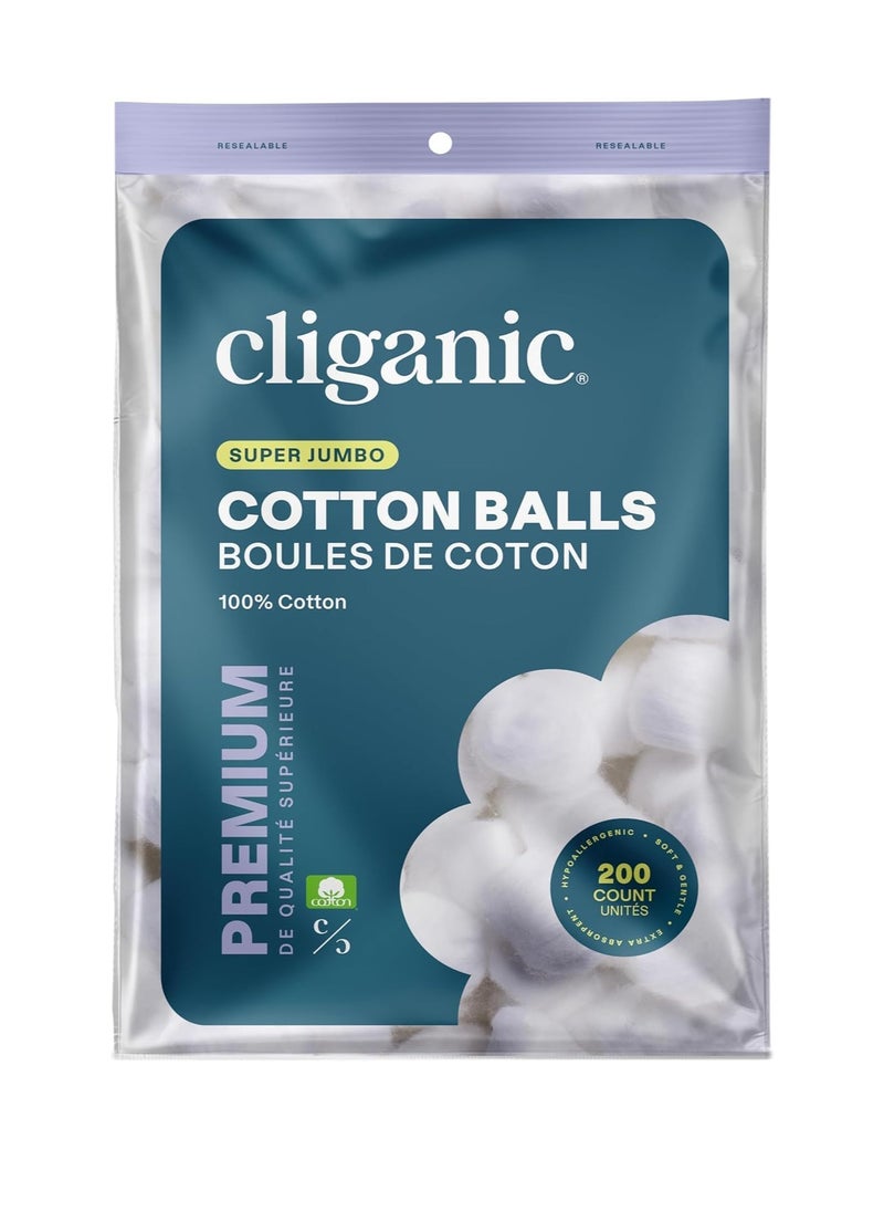 Cliganic Super Jumbo Cotton Balls (200 Count) - Hypoallergenic, Absorbent, Large Size, 100% Pure (Packaging May Vary)