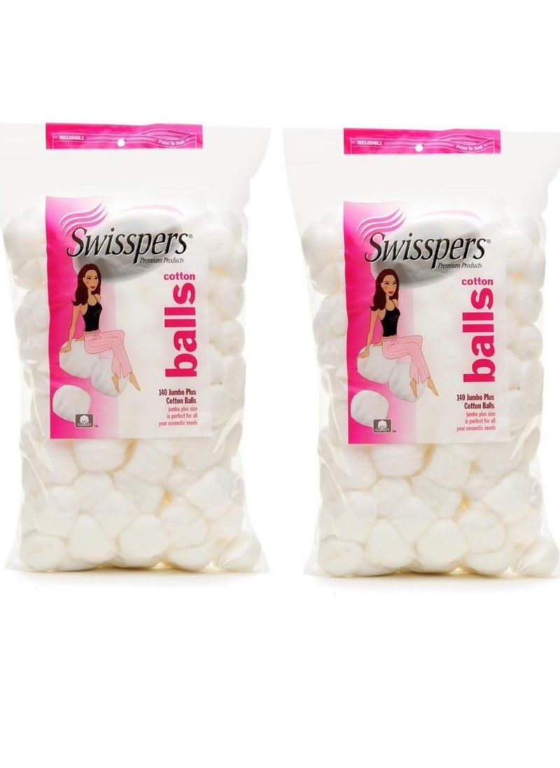 Swisspers Super Jumbo Large Cotton Balls, 140 Count, 2 Pack (Includes 280 Jumbo Plus Size Hypoallergenic Cotton Balls Total)