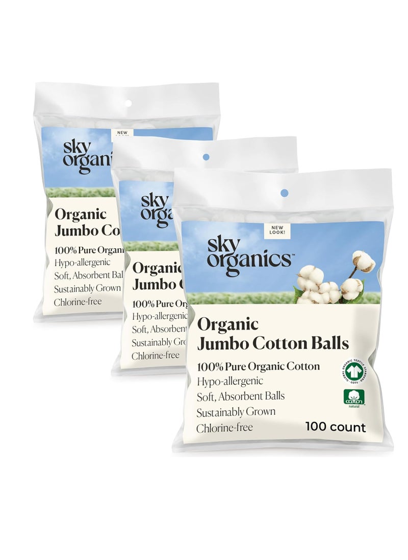 Sky Organics Organic Jumbo Cotton Balls for Sensitive Skin, 100% Pure Organic Cotton Sustainably Grown, Chlorine Free, Hypoallergenic, Ultra-Soft and Absorbant for Beauty&Personal Care, 300 ct