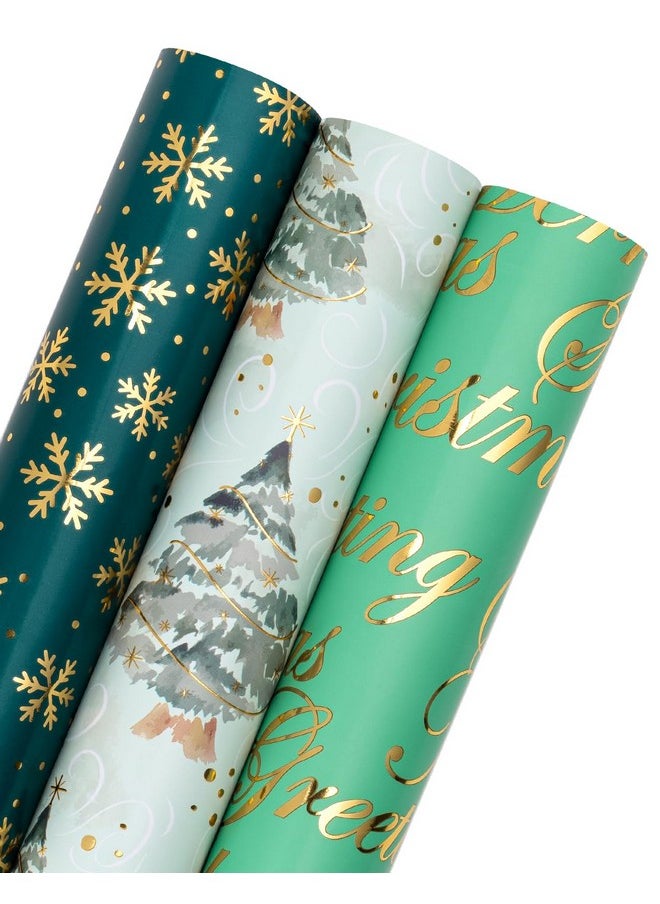 Christmas Wrapping Paper Roll - Mini Roll - 3 Rolls - 17 Inch X 120 Inch Per Roll - Green Christmas Tree, Snowflake Holiday Collection With Metallic Foil Shine