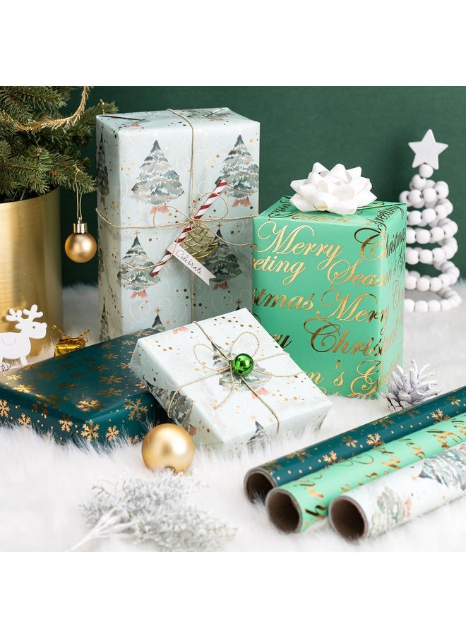 Christmas Wrapping Paper Roll - Mini Roll - 3 Rolls - 17 Inch X 120 Inch Per Roll - Green Christmas Tree, Snowflake Holiday Collection With Metallic Foil Shine