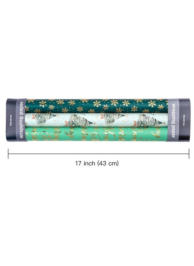 Christmas Wrapping Paper Roll - Mini Roll - 3 Rolls - 17 Inch X 120 Inch Per Roll - Green Christmas Tree, Snowflake Holiday Collection With Metallic Foil Shine