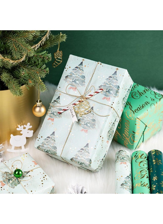 Christmas Wrapping Paper Roll - Mini Roll - 3 Rolls - 17 Inch X 120 Inch Per Roll - Green Christmas Tree, Snowflake Holiday Collection With Metallic Foil Shine