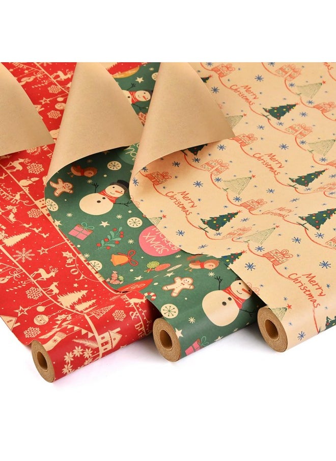 3 Rolls Christmas Wrapping Paper - 17 Inch × 32.8 Feet Per Roll - Recyclable Kraft Xmas Wrapping Paper Roll, Red Green Snowman Design For Kids Christmas Gift Box Birthday Party Decoration