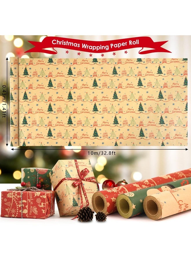 3 Rolls Christmas Wrapping Paper - 17 Inch × 32.8 Feet Per Roll - Recyclable Kraft Xmas Wrapping Paper Roll, Red Green Snowman Design For Kids Christmas Gift Box Birthday Party Decoration