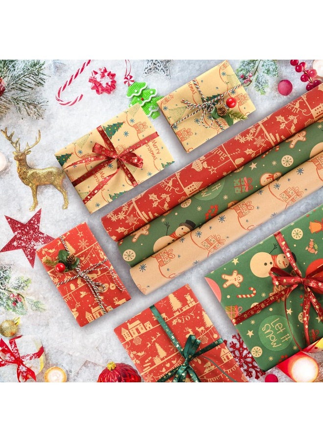 3 Rolls Christmas Wrapping Paper - 17 Inch × 32.8 Feet Per Roll - Recyclable Kraft Xmas Wrapping Paper Roll, Red Green Snowman Design For Kids Christmas Gift Box Birthday Party Decoration