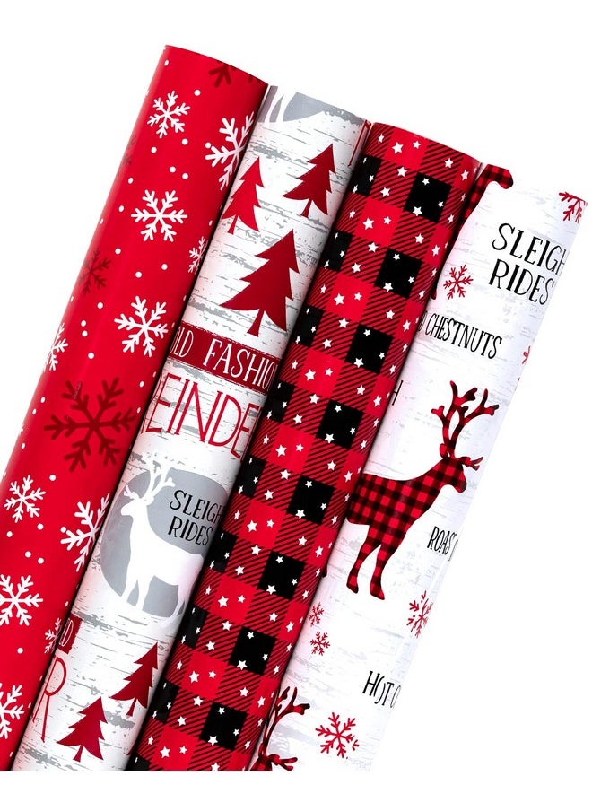 Christmas Wrapping Paper Roll - Rustic Holiday Woodland Scenes - Snowflake, Plaid, Reindeer - 4 Rolls - 30 Inch X 120 Inch Per Roll