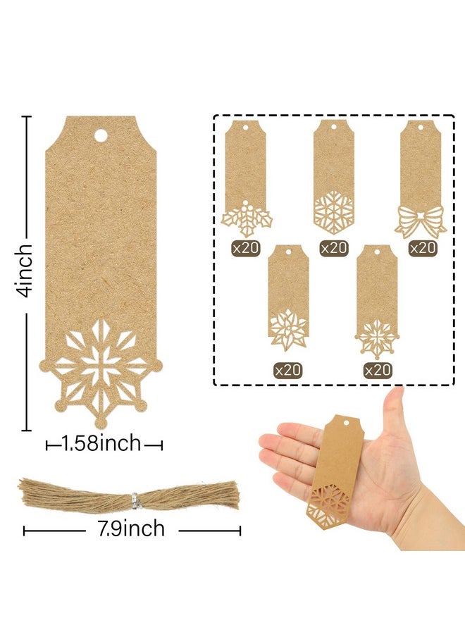 100Pcs Brown Kraft Paper Christmas Gift Tags, 5 Styles Kraft Paper Labels With Free 100 Root Jute Twine For Christmas Holiday Gifts Wedding Favors Art Craft