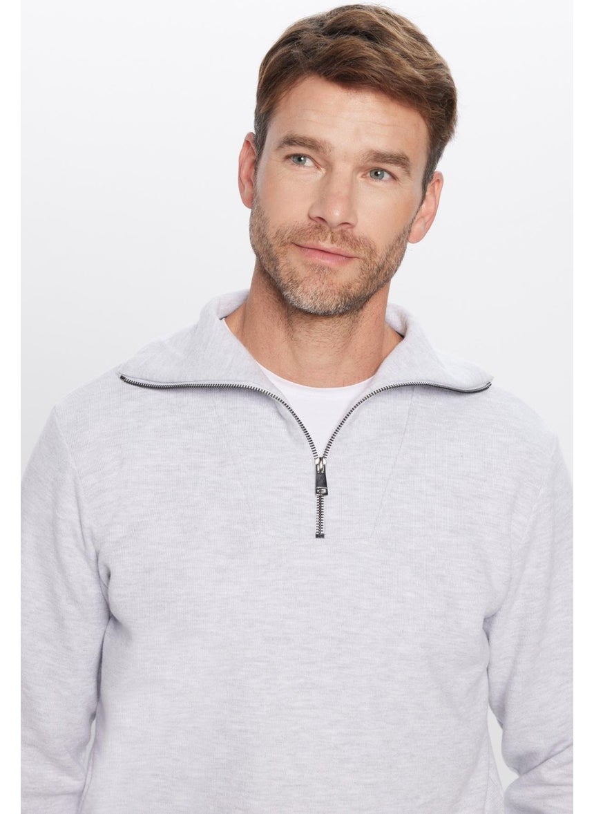 Relax Fit Comfortable Cut Ribbed Patterned Cotton Half Zipper Gray Stand Collar Sweatshirt