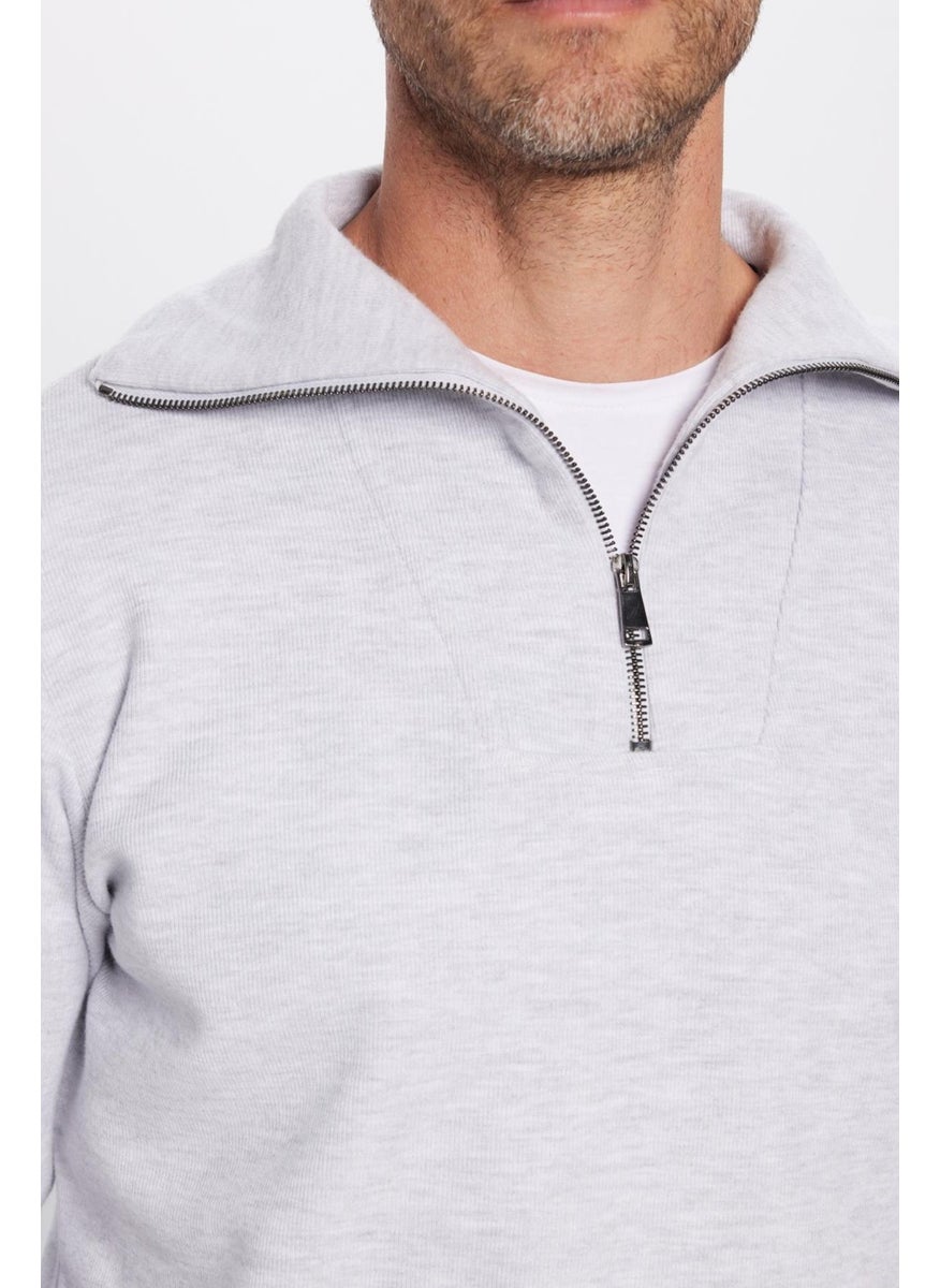 Relax Fit Comfortable Cut Ribbed Patterned Cotton Half Zipper Gray Stand Collar Sweatshirt