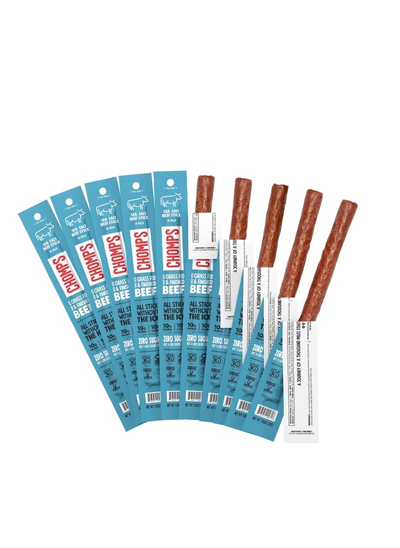 Grass-Fed and Finished Sea Salt Beef Jerky Snack Sticks 10-Pack - Keto, Paleo, Whole30, 10g Lean Meat Protein, Gluten-Free, Zero Sugar Food, Non-GMO