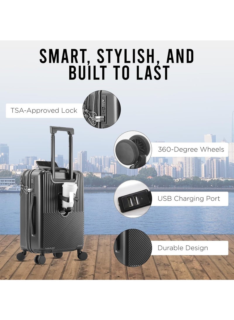 Carry-On Luggage with Combination Lock, Carry on Suitcase with 4 Spinner Wheels, Travel Luggage Bag - Front Laptop Compartment, Alloy Pull Rod, USB Charging Port