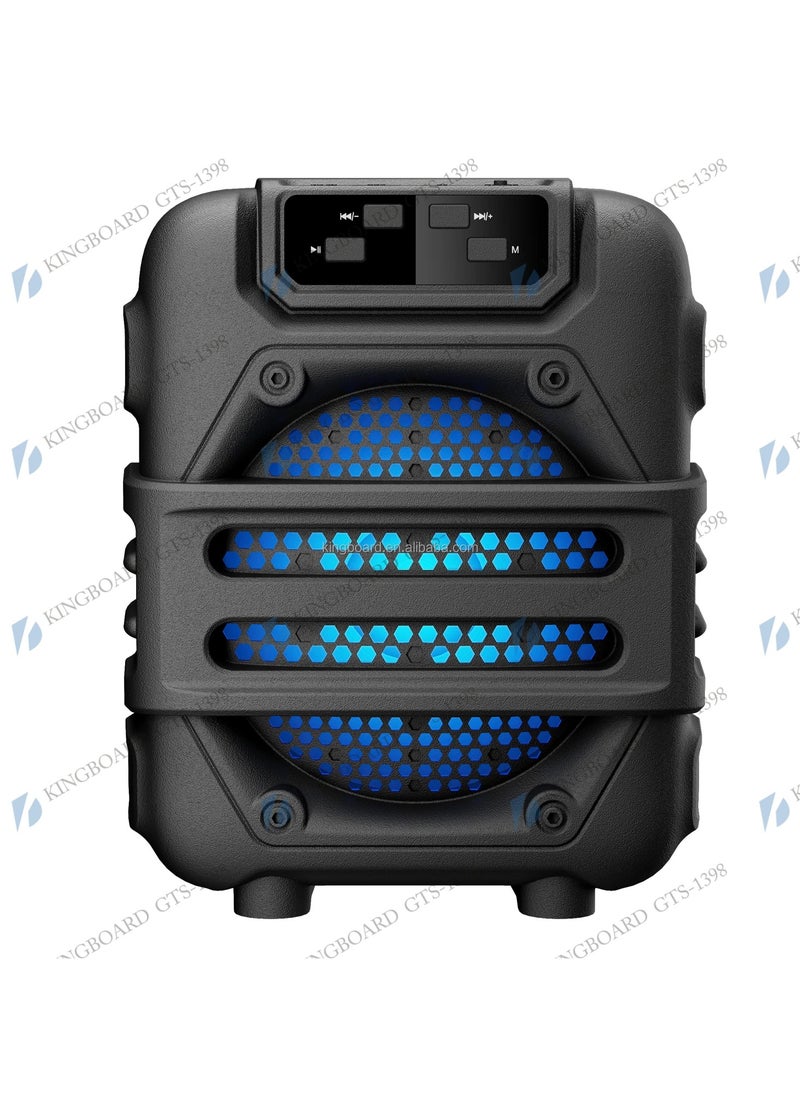 Portable Bluetooth karaoke speaker system for kids and adults, featuring colorful lights, a wired microphone, FM radio, TF card, and USB support—perfect for parties.