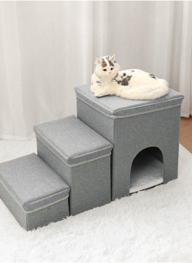 3-Step Foldable Pet Steps, 2-in-1 Soft Flannel Dog Stairs with Storage, Non-Slip Cat Steps with High-Elastic and Breathable Material Sponge for Puppy Kitten Climbing High Bed and Couch