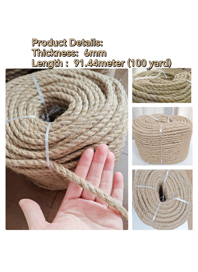 Jute Rope,6mm Thick,91.44m,Strong Hemp Twine Cord For DIY Crafts, Decoration, Gift Wrapping, Garden, Hanging and Packing And Pets Eco Friendly Durable Utility Rope