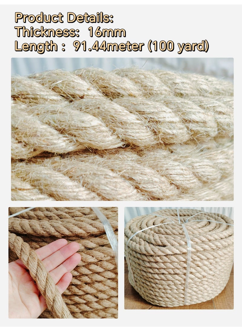 Jute Rope,16mm Thick,91.44m,Strong Hemp Twine Cord For DIY Crafts, Decoration, Gift Wrapping, Garden, Hanging and Packing And Pets Eco Friendly Durable Utility Rope