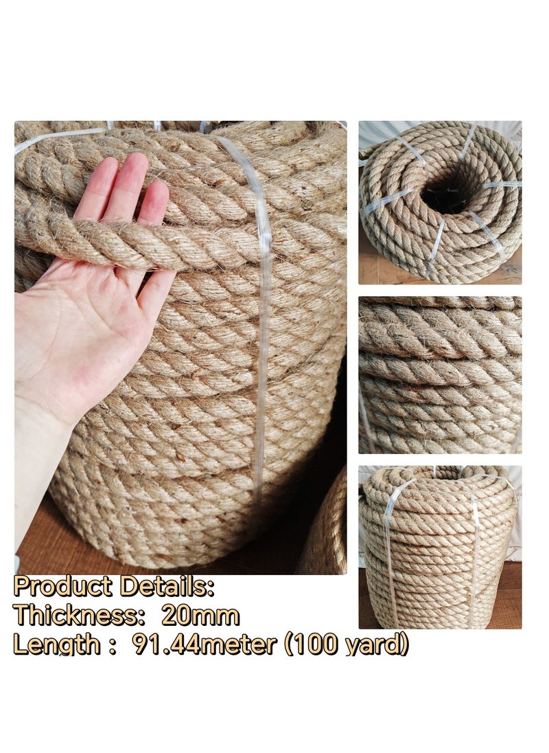 Jute Rope,20mm Thick,91.44m,Strong Hemp Twine Cord For DIY Crafts, Decoration, Gift Wrapping, Garden, Hanging and Packing And Pets Eco Friendly Durable Utility Rope