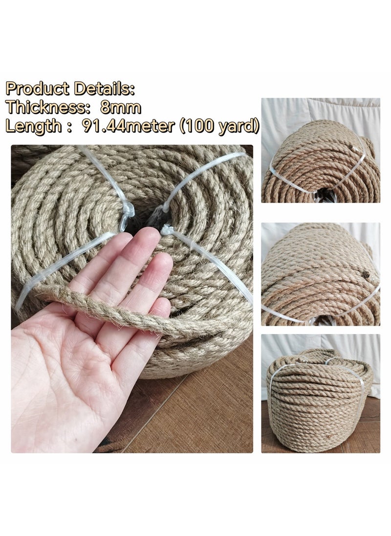 Jute Rope,8mm Thick,91.44m,Strong Hemp Twine Cord For DIY Crafts, Decoration, Gift Wrapping, Garden, Hanging and Packing And Pets Eco Friendly Durable Utility Rope