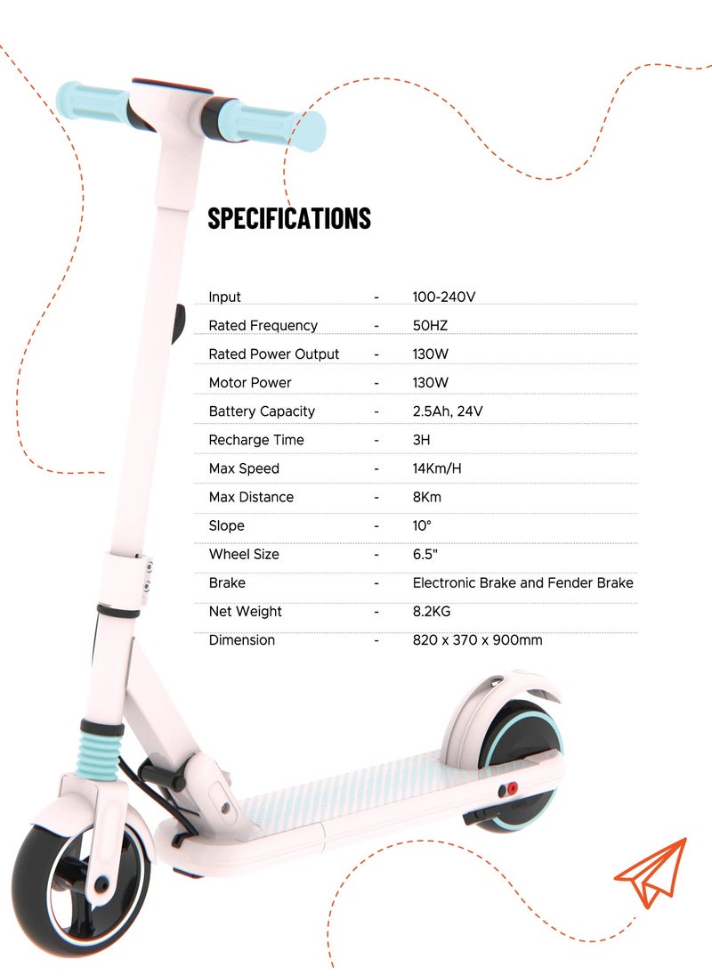 Kids Electric Scooter / Shock Absorbers / Low Noise / Motor Power 130W / Max Speed 14Km/H / Max Distance 8Km - Pink