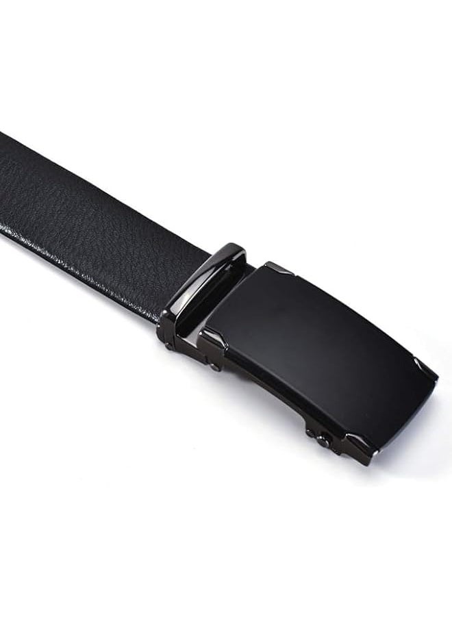 Men’s PU Leather Ratchet Dress Belt With Automatic Buckle, Enclosed in an Elegant Gift Box - Pure Black