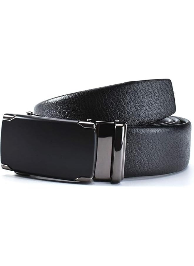 Men’s PU Leather Ratchet Dress Belt With Automatic Buckle, Enclosed in an Elegant Gift Box - Pure Black