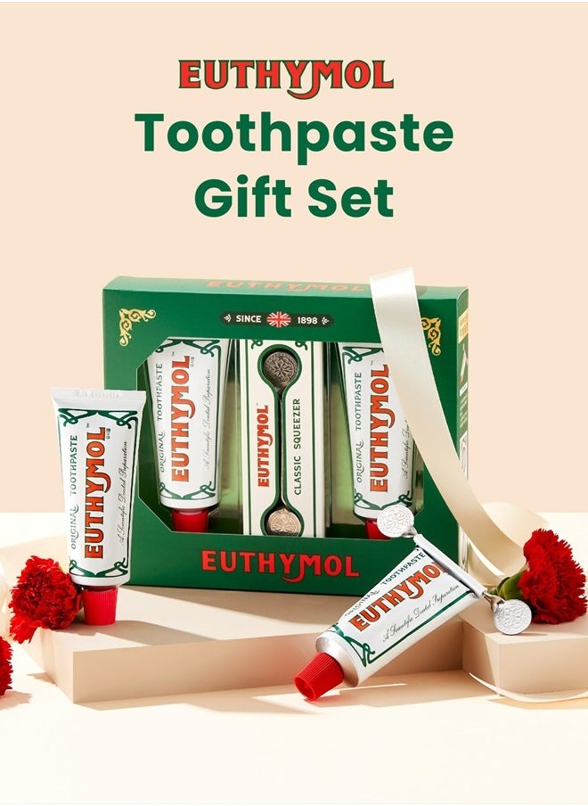 EUTHYMOL Original Toothpaste Set (Gift Set, 3.7fl oz*2, Sqeezer Set) - Fluoride-Free for Sensitive Teeth & Gum. Bad Breath, Cavity Prevention, 12-Hour Long Lasting Freshness with Wintergreen