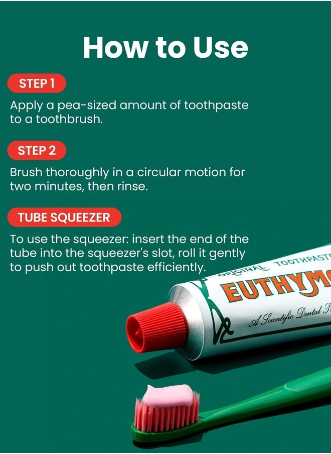 EUTHYMOL Original Toothpaste Set (Gift Set, 3.7fl oz*2, Sqeezer Set) - Fluoride-Free for Sensitive Teeth & Gum. Bad Breath, Cavity Prevention, 12-Hour Long Lasting Freshness with Wintergreen