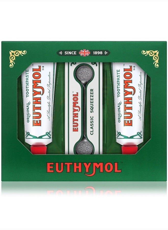 EUTHYMOL Original Toothpaste Set (Gift Set, 3.7fl oz*2, Sqeezer Set) - Fluoride-Free for Sensitive Teeth & Gum. Bad Breath, Cavity Prevention, 12-Hour Long Lasting Freshness with Wintergreen