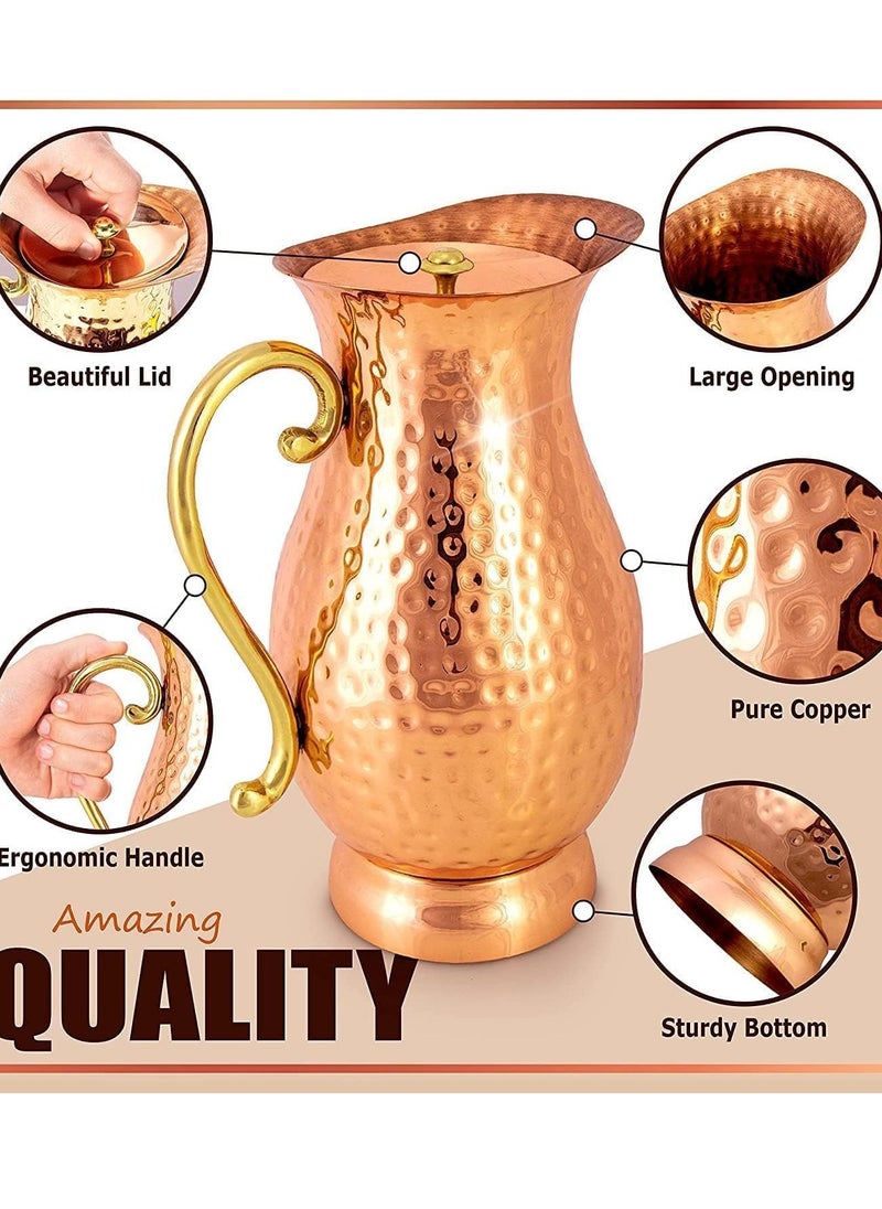 AVA DESIGNZ Handcrafted Hammered Copper Pitcher | Copper Jug with a Lid|Copper Carafe for Home, Hotel & Gifting (1100 ML)