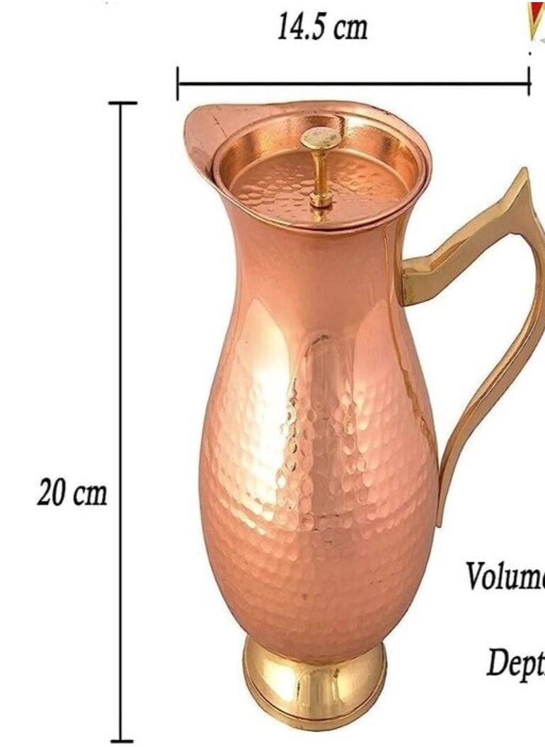 AVA DESIGNZ Handcrafted Hammered Copper Pitcher | Copper Jug with a Lid|Copper Carafe for Home, Hotel & Gifting (1100 ML)