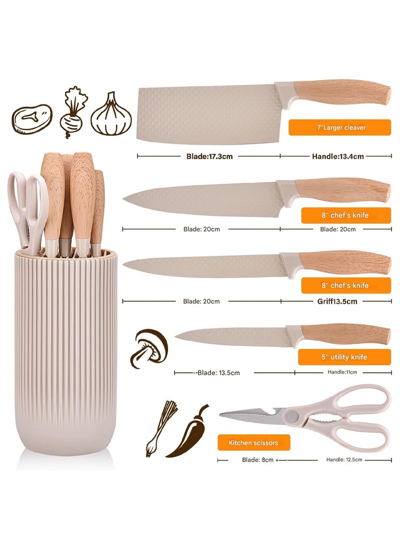 6 Piece Professional Knife Set, Includes Kitchen Knife, Chef's Knife, Japanese Knife, Utility Knife, Kitchen Scissors and Universal Non Stick Knife Block, Ergonomic Stainless Steel Sharp Blades with Handles Perfect for Daily Kitchen Tasks, Khaki