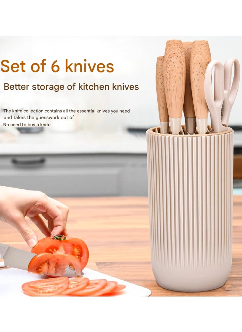 6 Piece Professional Knife Set, Includes Kitchen Knife, Chef's Knife, Japanese Knife, Utility Knife, Kitchen Scissors and Universal Non Stick Knife Block, Ergonomic Stainless Steel Sharp Blades with Handles Perfect for Daily Kitchen Tasks, Khaki